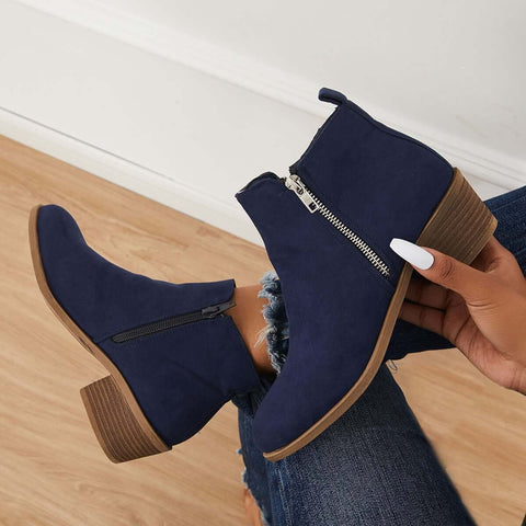 Chunky Block Heel Ankle Boots Side Zipper Booties