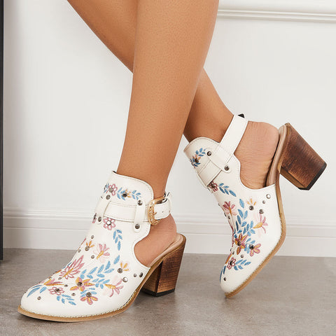 Pink Cutout Embroidered Chunky Heels Ankle Strap Slingback Sandals