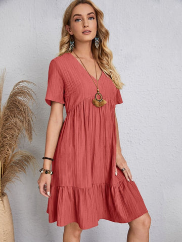 Full Size V-Neck Short Sleeve Beach Dress