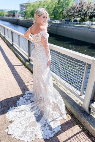 Bmbridal Off-the-Shoulder Lace Wedding Dress Mermaid Long Sleeves