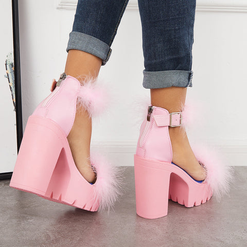 Furry Platform Chunky High Heels Open Toe Ankle Strap Sandals