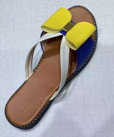 0508Yellow Peep Toe Faux Leather Vintage Splicing Bow Slide Sandals