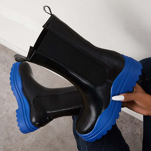 Platform Lug Sole Mid Calf Chelsea Boots Chunky Block Heel Booties