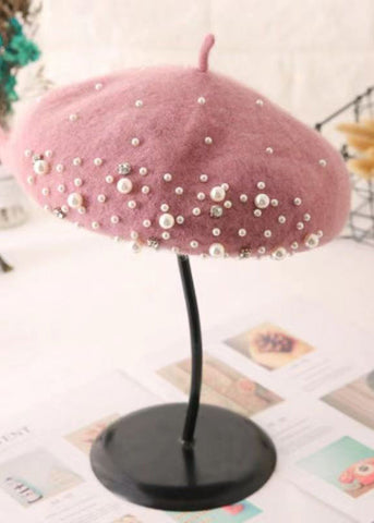 Stilvolle, vielseitige Baskenmütze aus Wolle mit rosa Nagelperlen