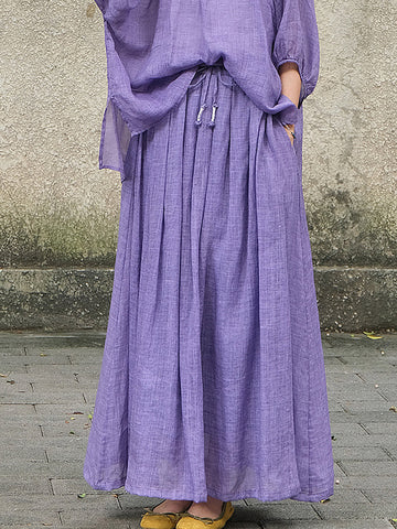 Women  Summer Casual Solid Pleat Drawstring Loose Shirt+Skirt