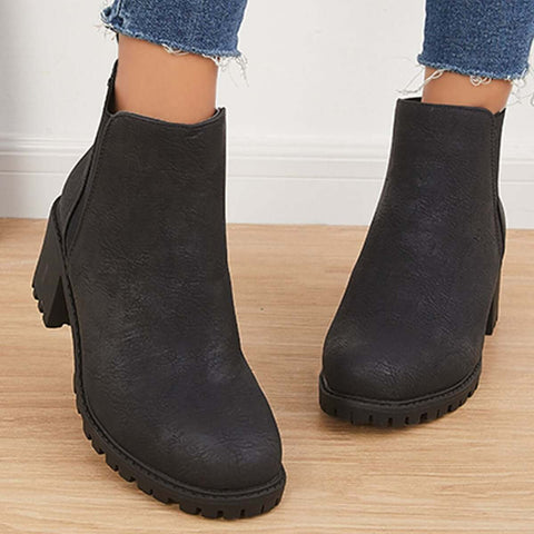 Faux Leather Chelsea Lug Boots Slip-On Chunky Heel Ankle Booties