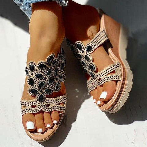 Rhinestone Embellishment Platform Wedges Slip-on Sandals