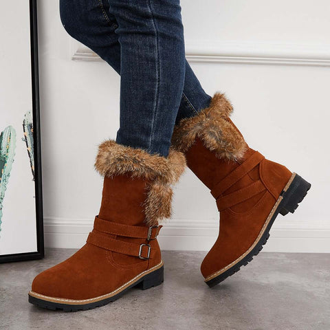 Warm Fur Mid Calf Snow Boots Block Heel Furry Winter Booties