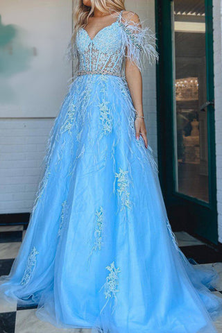 Gorgeous A Line Off the Shoulder Blue Corset Prom Dress with Appliques Feather