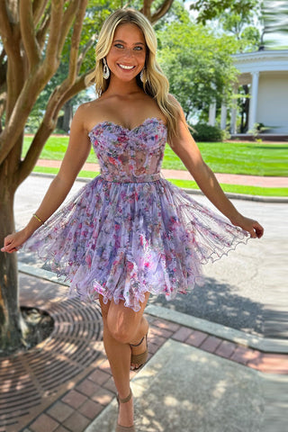 Unique A Line Sweetheart Pink Floral Printed Short Homecoming Dress