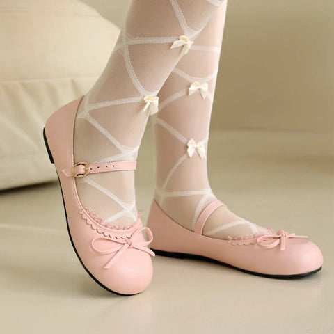 - Spring Autumn Pink White Mary Janes Flat Shoes Woman Round Toe Buckle Strap Lolita Girls Student Ballet Flats Plus Size 43 44 45