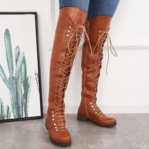 Chunky Heel Lace Up Over The Knee Thing High Riding Boots