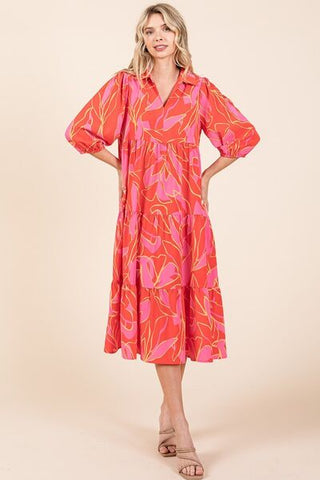 Tiered Collared Neck Vacation Midi Dress
