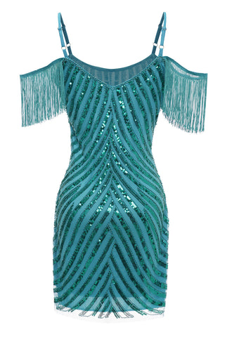 Funkelndes türkisfarbenes, kurzes Homecoming-Kleid mit engen Pailletten und Fransen