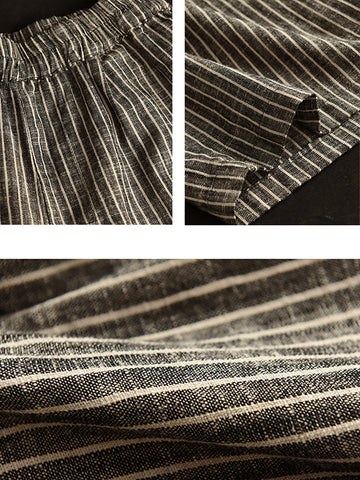 Women Summer Stripe Pocket Vintage Loose Linen Short Pants