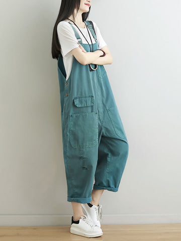 Women Summer Casual Solid Pocket Frayed Loose Jumpsuits