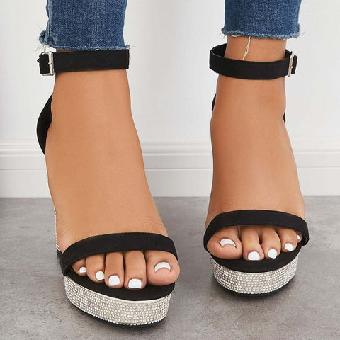 Rhinestone Chunky Block High Heels Ankle Strap Sandals