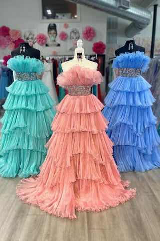 Trendy A-Linie trägerloses blaues langes Ballkleid mit Perlenbesatz