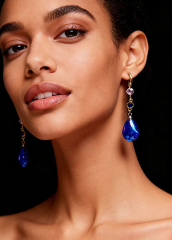 Vintage Peacock Blue Water Droplet Gem Stone Drop Earrings