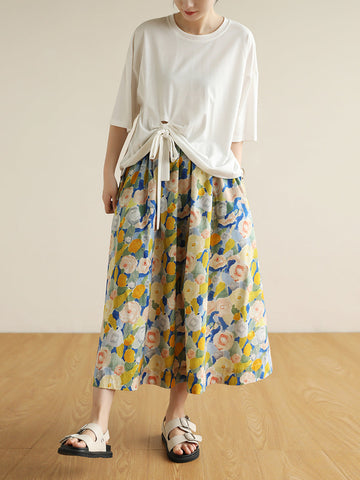 Summer Women Artsy Flower Drawstring Pocket Skirt