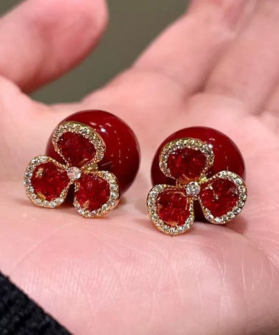 Stylish Red Copper Overgild Zircon Floral Stud Earrings
