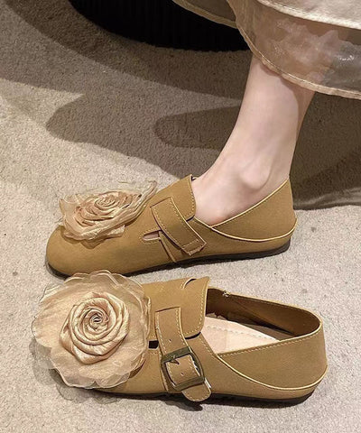 Khakifarbene, weiche flache Schuhe aus Kunstleder mit Blumenmuster für Damen