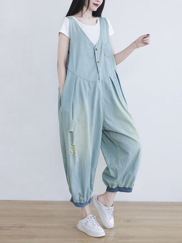 Women Summer Solid Frayed Pleat Pocket Vest Denim Jumpsuits
