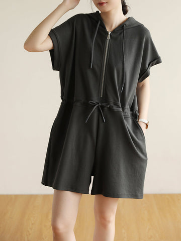 Women Summer Casual Solid Drawstring Cotton Hooded Jumpsuits