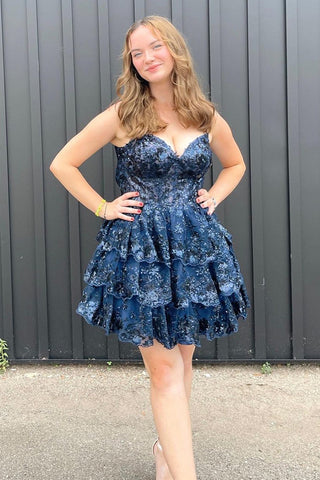 Cute A Line Spaghetti Straps Blue Corset Short Homecoming Dress with Ruffles