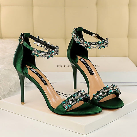 2024 Women 9cm High Heels Crystal Sandals Wedding Bridal Stiletto Heels Sandles Glitter Prom Elegant Stripper Satin Strap Shoes