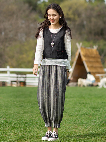 Plus Size Women Retro Stripe Yarn-dyed Pocket Loose Linen Harem Pants