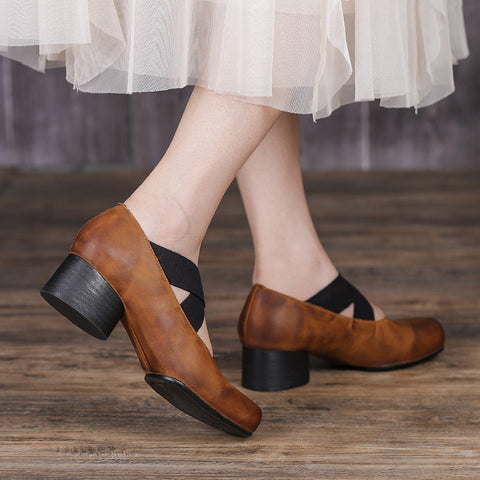 Women Retro Cowhide Leather Pumps Casual Shoes