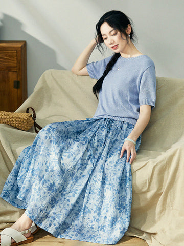 Women Summer Artsy Leaf Pleat Drawstring Ramie Skirt