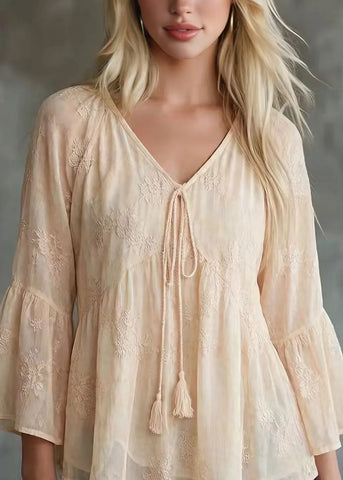 Women Yellow V Neck Patchwork Chiffon Top Bracelet Sleeve