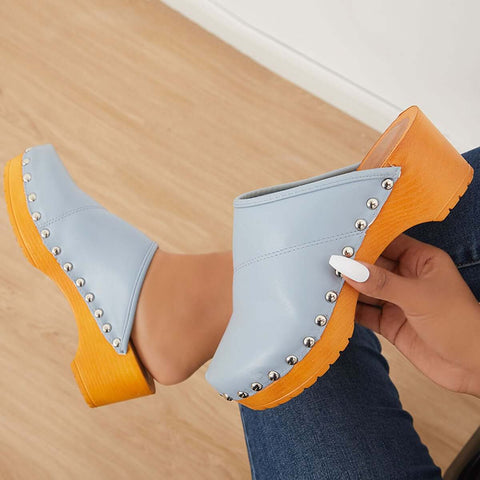 Women Casual Heeled Mules Closed Toe Slip-on Slide Sandals