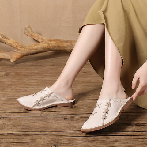 Women Summer Retro Leather Flat Slippers
