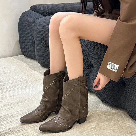 Woman Cowgirl Boots Fashion Slip On Ladies Elegant Square Heel Short Boots Shoes Retro Women's Winter Footwear