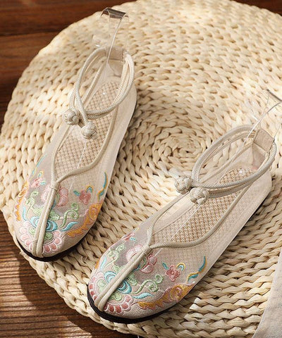 Beigefarbene flache Schuhe mit orientalischer Stickerei aus Tüll