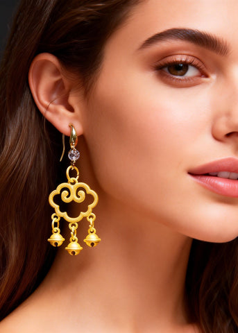 Handmade Golden Auspicious Clouds Small Bell Drop Earrings