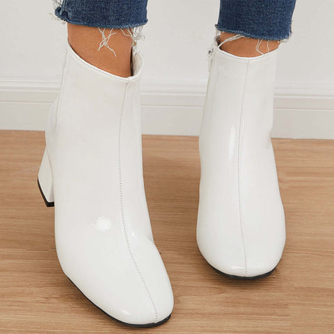 Patent Leather Block Heel Ankle Booties Square Toe Side Zipper Boots