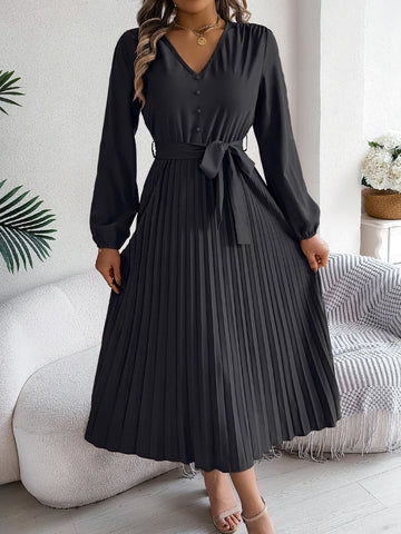 Plissiertes, gebundenes Midikleid mit V-Ausschnitt und langen Ärmeln