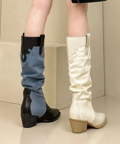 White Long Boots Fashion Splicing Chunky Pointed Toe