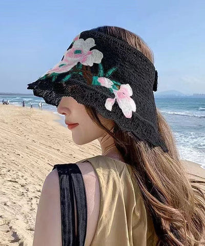 Boho Schwarzer Strand-Sonnenhut mit Stickerei und Aushöhlung