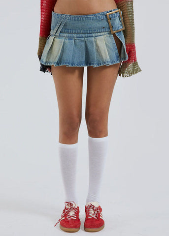 Style Blue Tie Waist Open Patchwork Denim Mini Pleated Skirt Summer