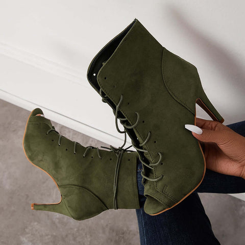 Peep Toe Stiletto High Heel Ankle Boots Lace Up Booties