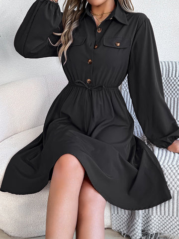 Langärmliges Midikleid mit Kragen und Taschen