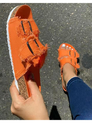 Fashion Plain Open Toe Denim Dual Strap Flats Slide Sandals