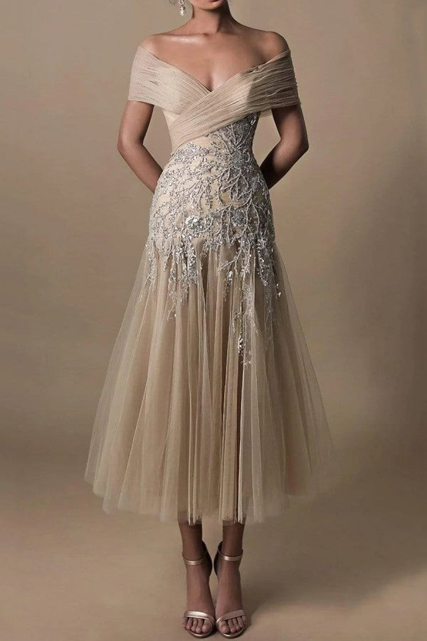 Bmbridal Champagne Off-the-Shoulder Bride Dress With Appliques