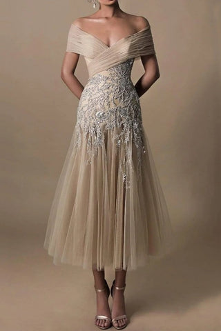 Bmbridal Champagne Off-the-Shoulder Bride Dress With Appliques