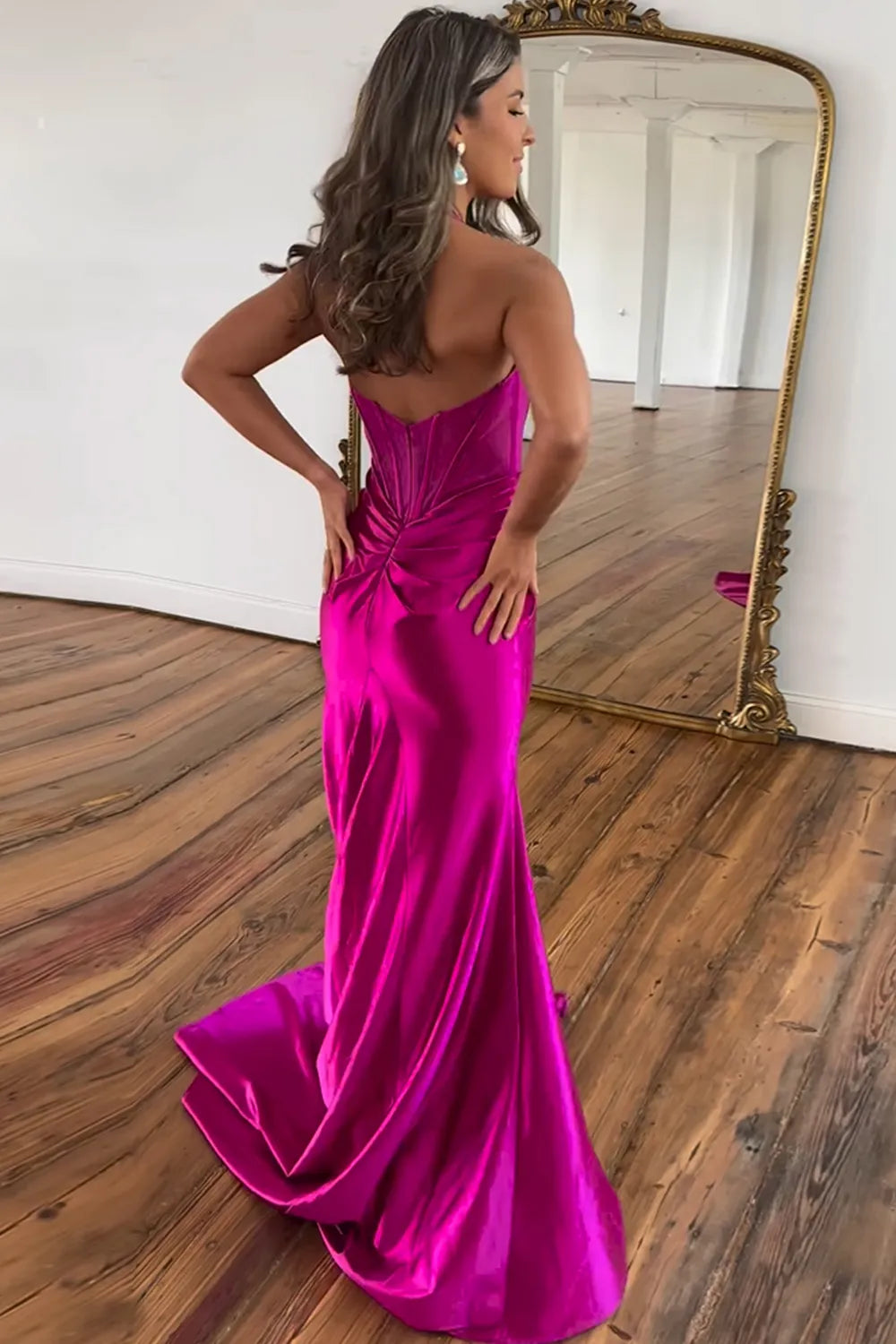 Fuchsia Halter Neck Meramid Satin Long Corset Prom Dress with Slit